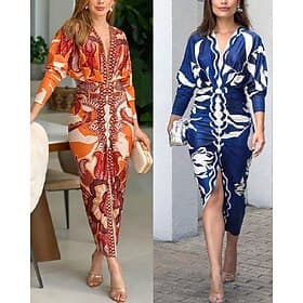 Women's Midi Dress Sheath Dress Boho Dress Elegant Fashion Modern Daily Vacation Going out Regular Fit Floral Graphic Long Sleeve V Neck Blue Orange Summer Spr