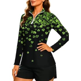 St. Patrick Women's Gradient Clover Sweatshirt Polo Sweatshirt Tops Shirt Long Sleeve Zipper Print Quarter Zip UPF50 UV Resistant Elastic Breathable Volleyball