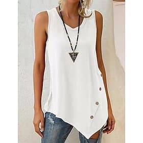 Women's Linen-feel Shirts Camisole Tank Top Buttons Solid Color Daily Stylish Basic Sleeveless Crew Neck Long Tops Daily Black White Wine Gray Summer Spring