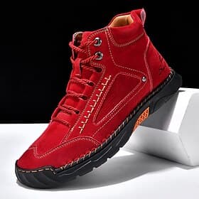 Men's Red Suede High-Top Sneakers with Hiking-Inspired Design – Trendy and Sporty Shoes for Casual Wear and Outdoor Activities