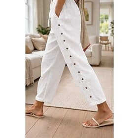 Women's Summer Pants 100% Cotton Pants Trousers Vacation Streetwear Casual Full Length Medium Waist Solid Color Drawstring Pocket Side Button Comfortable Breat