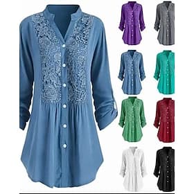 Women's Shirt Blouse Ruched Lace Buttons Plain Elegant Stylish Long Sleeve V Neck Regular Tops Daily Holiday Going out Blue Black White Wine Purple Spring Fall