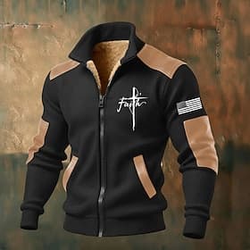 Men's Full Zip Hoodie Fleece Jacket Fleece Hoodie Black White Army Green Navy Blue Brown Standing Collar Cross Faith Pocket Faux Leather Accents Sports  Outdoo