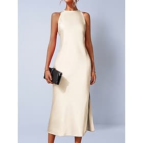 Femmes Robe Midi Robe en Satin Robe de Soirée Robe Portefeuille Élégant Mode Moderne Extérieur Vacances Sortir Coupe régulière Uni Sans manches Col Halter Noir