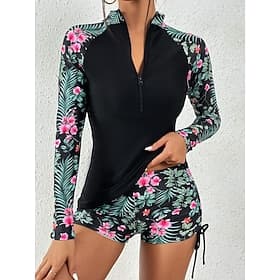 Women's Swimwear Tankini 2 Piece Shorts Swimsuit Tummy Control High Waist Slim Vacation Beach Wear Floral High Neck Long Sleeve Bathing Suits