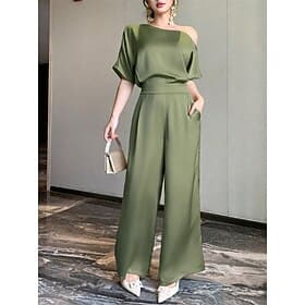 Women's Normal Jumpsuit Elegant Solid Color Short Sleeve Wide Leg Off Shoulder Patchwork Pocket Daily Home Regular Fit Wine Brown Green Summer