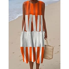 Women's Midi Dress Linen Like Sundress Shift Dress A Line Dress Vacation Casual Boho Beach Going out Loose Fit Graphic Geometric Sleeveless Crewneck Blue Red O
