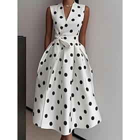 Women's Midi Dress Casual Dress Work Dress PolkaDotDress Elegant Fashion Modern Outdoor Vacation Going out Regular Fit Dot Sleeveless V Neck Black White Summ