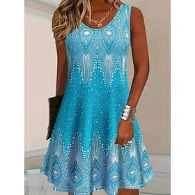 Women's Knee Length Dress Sundress A Line Dress Summer Dress Vacation Casual Home Beach Party Regular Fit Floral Graphic Leaf Sleeveless U Neck Scoop Neck Blue