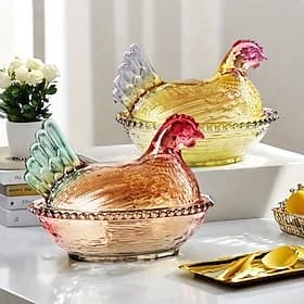 Vintage Glass Hen on Nest Dish Butter Dish with Lid, Large Pedestal Rooster Candy Bowl  Crystal Snack Jar, Farmhouse Chicken Nest Table Decor, Suitable for Sna
