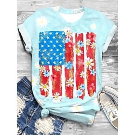 Independence Day Patriotic Women's T Shirt Graphic Flag Vintage Stylish Casual Short Sleeve Crew Neck Regular Tops Daily Weekend Print Blue White Red Royal Blu