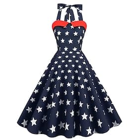 250th Anniversary USA 1950s Retro Vintage Midi Swing Dress Halter Flare Dress Sleeveless Stars Fancy Dress Women's 4th of July Independence Day Adults' Dress