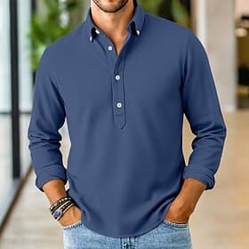 Men's Shirt Popover Shirt Button Down Shirt Casual Shirt Navy Blue Long Sleeve Plain Button Down Collar Casual Outdoor Buttons Clothing Apparel Neutral Fashion