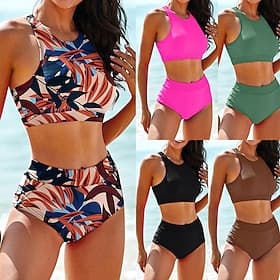 Women's Bikini Sets 2 Pieces Swimsuits Solid Colored UV Protection Elastic Sleeveless Swimwear Swimsuit Surfing Diving Swimming Summer