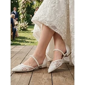 Women's Ivory Lace Pearl Strap Low Heel Bridal Shoes, Elegant Comfort Flats for Bride Outdoor Garden Wedding