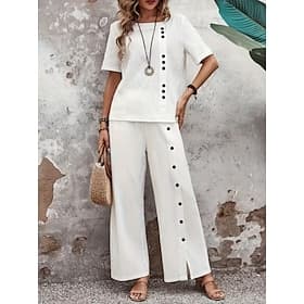 Women's Pants Sets Bolero Faux Cotton Linen Short Sleeve Crew Neck Solid Color Fashion Streetwear Casual Daily Outdoor Blue White Khaki Summer Regular Fit