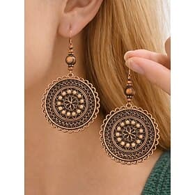 Women's Alloy  Wood Round Drop Earrings, Vintage Boho Mandala Design, Lightweight Statement Style, Perfect for Casual Everyday Wear, Beach Vacation  Summer Out