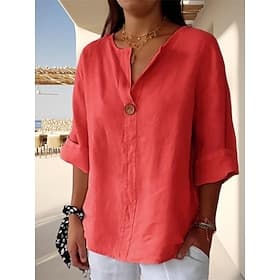 Women's Shirt Linen-feel Shirts Blouse Buttons Plain Stylish 3/4 Length Sleeve V Neck Regular Tops Daily Holiday Going out Black Army Green Red Navy Blue Light