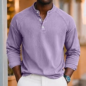 SoftFade™ Men's T Shirt Henley Shirt 100% Cotton Acid Wash Shirt Tee Top Long Sleeve Plain Solid Vintage Streetwear Casual Garment Dyed Washed Raglan Sleeves S