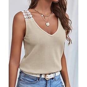 Women's T Shirt Tank Top Tee Top Lace Solid Color Graphic Plain Fashion Classic Casual Sleeveless V Neck Regular Tops Daily Going out Weekend Black Pink Red Kh