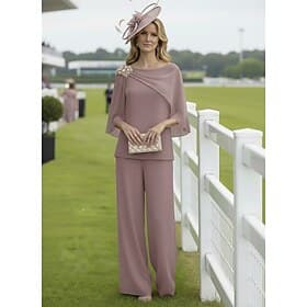 Two Piece Pantsuit Floor Length Mother of the Bride Dress Half Sleeve Boat Neck Elegant Simple Luxurious Formal Wedding Guest Chiffon with Ruched Pearls Beadin