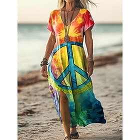 Women's Maxi Dress T Shirt Dress Tee Dress Sundress A Line Dress Vacation Casual Beach Going out Loose Fit Ombre Graphic Short Sleeve V Neck Blue Yellow Orange