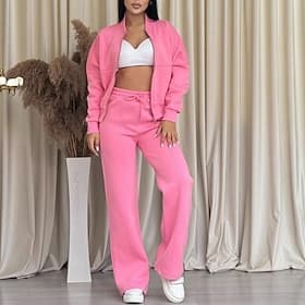 Women's Tracksuit Pants Sets Bolero Top Long Sleeve Shirt Collar Plain Zipper Fashion Streetwear Casual Daily Outdoor Blue Pink Dark Pink Spring Regular Fit