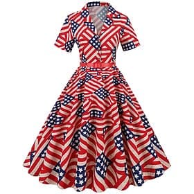 250e anniversaire des États-Unis Années 1950 Rétro Vintage Midi Robe Robe trapèze Robe Évasée Manches courtes Drapeau des États-Unis Ajusté  Évasé Balançoire D