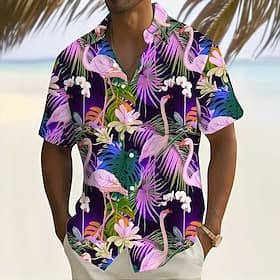 Men's Flamingo Tropical Flowers Palm Leaf Summer Hawaiian Shirt Button Up Shirt Aloha Shirt Short Sleeve Hawaiian Vacation Summer Spring Turndown 3D Print Coll