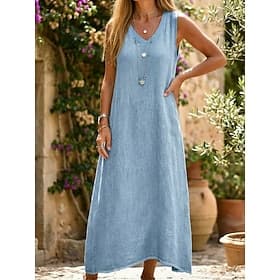 Women's Midi Dress Cotton Linen Dresses Shift Dress Sundress Tank Dress Fashion Modern Daily Outdoor Holiday Loose Fit Plain Sleeveless V Neck Blue Pink Beige