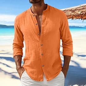 Men's Shirt Linen Shirt Summer Shirt Beach Wear Button Up Shirt Plain Casual Daily Black Orange Gray Long Sleeve Turndown Summer Spring  Summer Clothing Appare