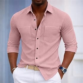 Men's Shirt Texture Casual Shirt Corduroy Shirt Button Up Shirt Blue Pink Long Sleeve Plain Shirt Collar Casual Daily Front Pocket Clothing Apparel Elegant Fas