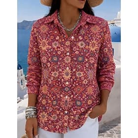 Women's Shirt Buttons Print Floral Graphic Paisley Vintage Stylish Modern Long Sleeve Shirt Collar Regular Tops Daily Blue Pink Orange Green Summer Spring