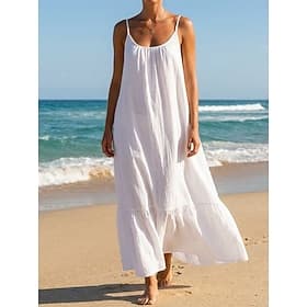 Femmes Robe Midi 100% Coton Robe fourreau Robe d'Été Robe Nuisette Mode Moderne Quotidien Extérieur Vacances Coupe Ample Uni Sans manches Bretelles Noir Blanch