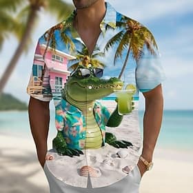 Men's Cartoon Crocodile Hippopotamus Summer Hawaiian Shirt Button Up Shirt Aloha Shirt Short Sleeve Funny Vacation Beach Wear Summer Spring Turndown 3D Print C