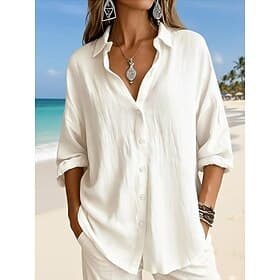 Women's Shirt Linen-feel Shirts Boho Shirt Bohemia Vintage Daily Long Sleeve Long Tops Daily Holiday Going out Blue White Yellow Pink Sky Blue Summer Spring
