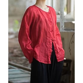 100% Linen Women's Linen Shirts Blouse Buttons Plain Vintage Stylish Long Sleeve Crew Neck Regular Tops Daily Holiday Going out Black Pink Red Green Summer Spr