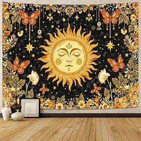 Sun Tapestry Wall Hanging Celestial Boho Butterfly Stars Flowers Yoga Room Meditation Decor Spiritual Zen Art Fabric Poster for Living Room