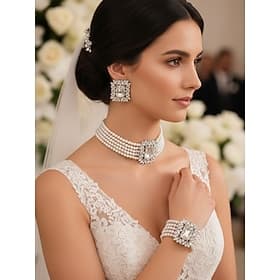 Women's Pearl and Crystal Bridal Jewelry Set, Elegant Choker Necklace, Earrings, and Bracelet, Perfect for Weddings and Special Occasions