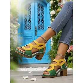 Women's Casual Daily Chunky Heel Open Toe Casual Comfort Faux Leather Elastic Band Yellow Purple Red Blue