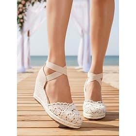 Women's Beige Lace Espadrille Wedge Sandals, Comfortable Ankle-Strap Bridesmaid Shoes for Beach Weddings