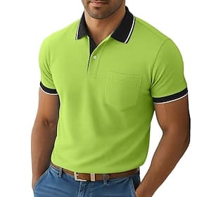 Men's Golf Shirt Pique Polo Shirt Casual Work Lapel Ribbed Polo Collar Short Sleeve Basic Modern Color Block Patchwork Pocket Spring  Summer Summer Regular Fit