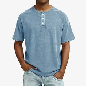 SoftFade™ Men Henley Shirt Cotton T Shirt Tee Top Short Sleeve Henley Summer Spring Solid Color Casual Garment Dyed Faded Buttons Casual Daily Outdoor Light Bl