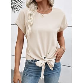 Women's Blouse Solid Color Elegant Stylish Basic Short Sleeve Crew Neck Regular Tops Daily Work Black Red Khaki Beige Summer Spring Fall Winter