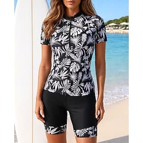 Women's Rash Guard Bathing Suit 2 Pieces Printed Mid-Thigh Leg UV Protection Quick Dry Elastic Short Sleeve Swimwear Swimsuit Surfing Beach Swimming Summer