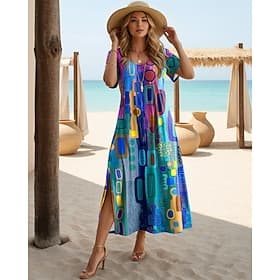 Women's Midi Dress Sundress A Line Dress Vacation Casual Boho Butterfly Sleeve Vacation Going out Regular Fit Floral Graphic Rainbow Short Sleeve Crewneck Blue