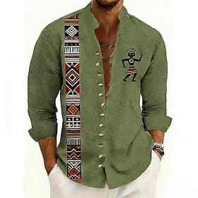 Men's Geometric Ethic / African Indigenous Peoples Shirt Stand Collar Shirt Long Sleeve Vintage Retro Casual Vacation Spring Fall Mandarin Collar Band Collar B