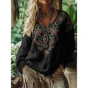 Damen Boho-T-Shirt T Shirt T-Shirt Druck Blumen Vintage Ethnisch Lässig Langarm V Ausschnitt Normale Oberteile Täglich Wochenende Urlaubskleidung Schwarz Rosa