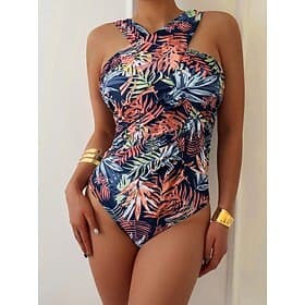 Women's Swimwear One Piece Monokini Swimsuit Tummy Control High Waist Slim Backless Vacation Tropical Floral Graphic Halter Neck Sleeveless Bathing Suits