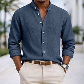 Men's Shirt Waffle Shirt Casual Shirt Button Up Shirt Navy Blue Long Sleeve Plain Lapel Casual Daily Clothing Apparel Fashion Streetwear Casual